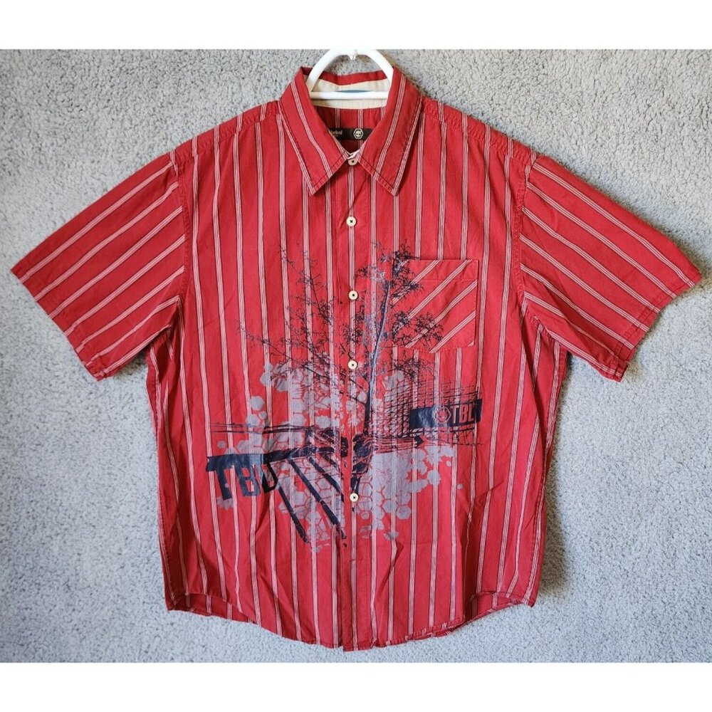 Timberland Red Striped Urban Graphic Short Sleeve Button‎ Up Shirt Size M Cotton